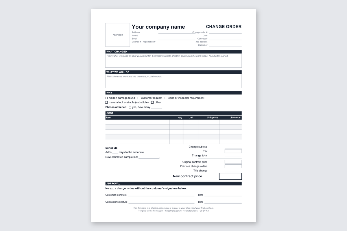 Page 1 of the roofing change order form, blank and ready to fill in