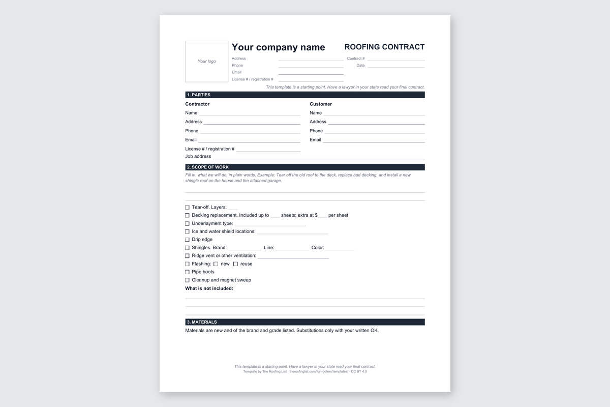 Page 1 of the roofing contract template with state notes, blank and ready to fill in