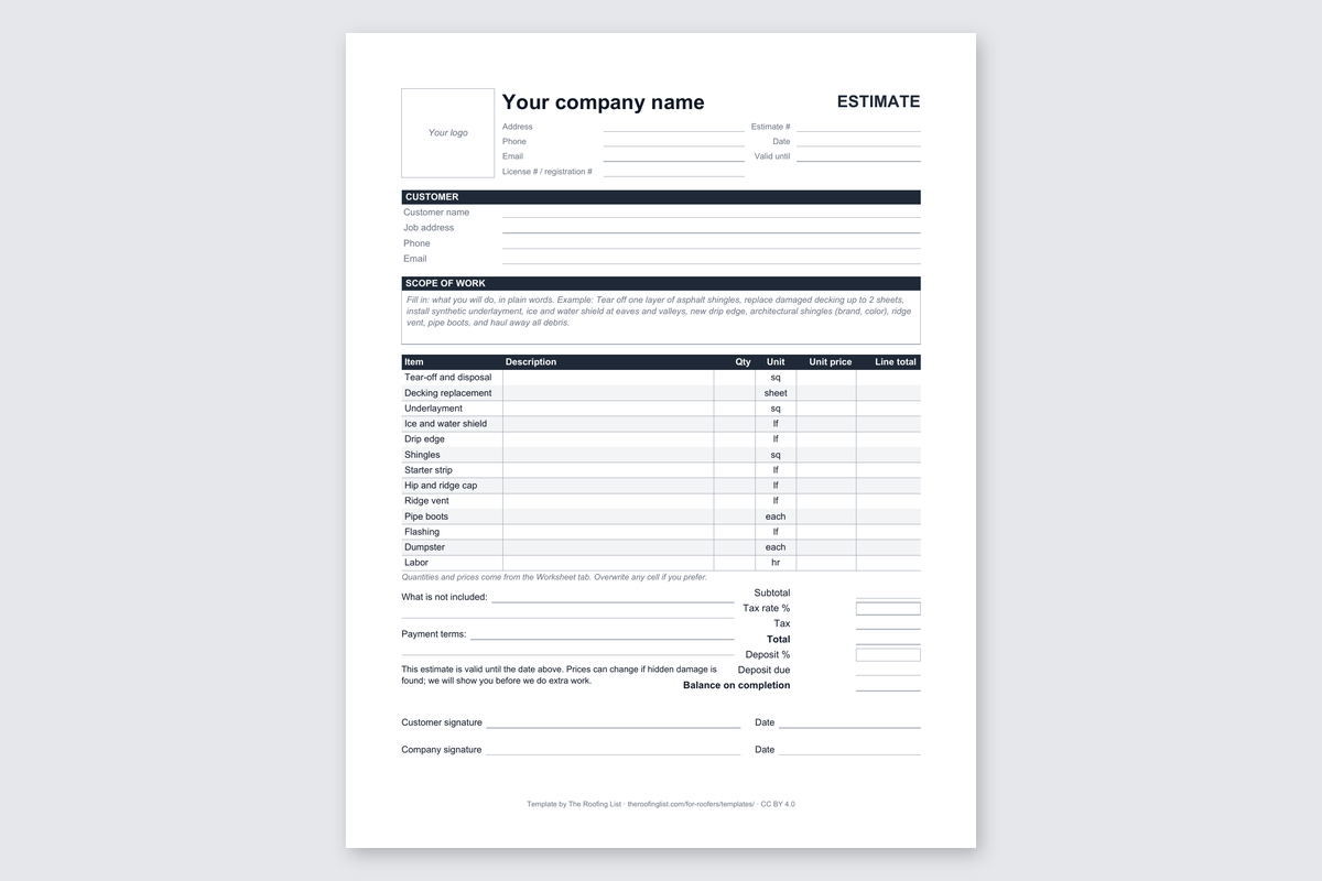 Page 1 of the roofing estimate template, blank and ready to fill in