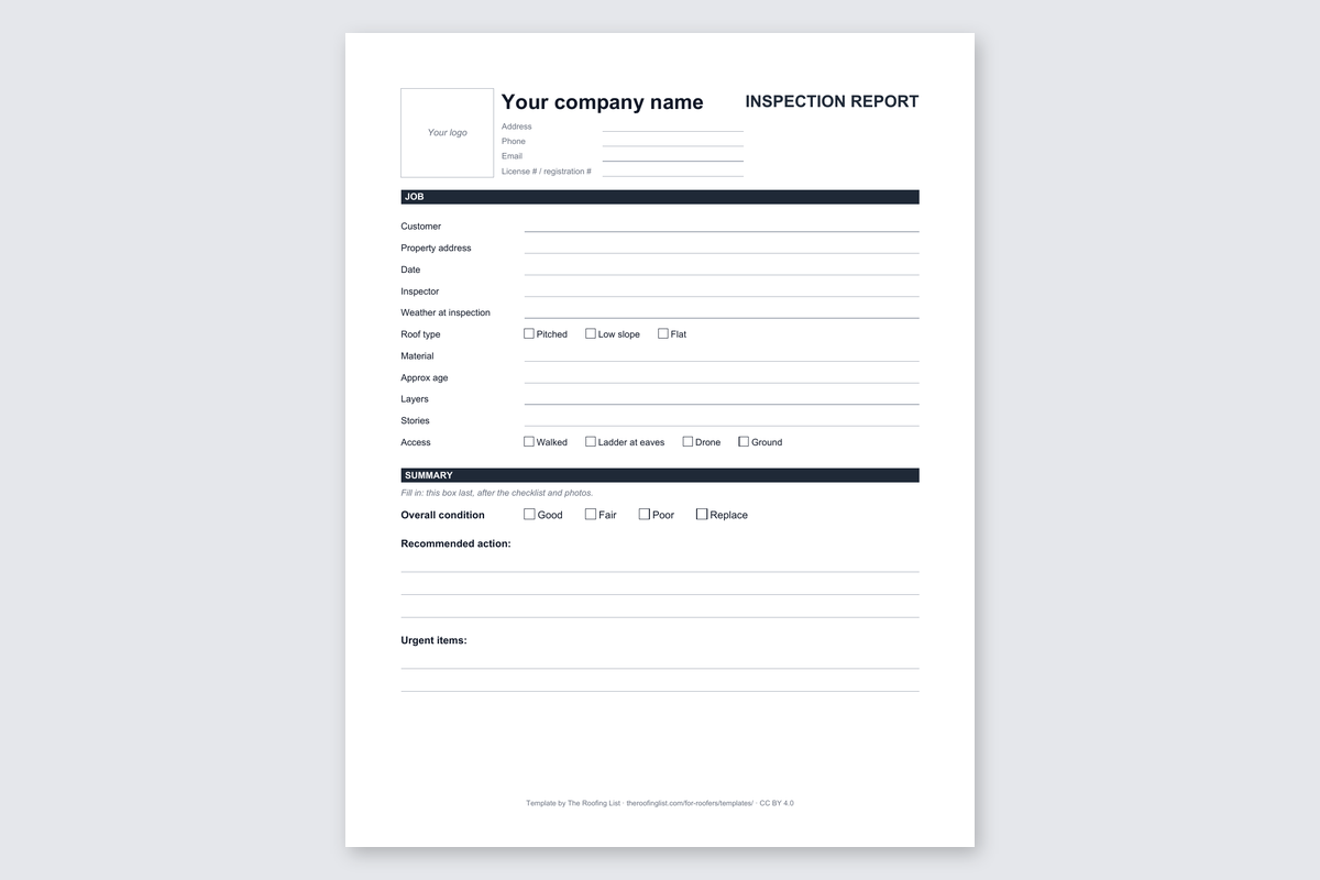 Page 1 of the roof inspection checklist and report template, blank and ready to fill in