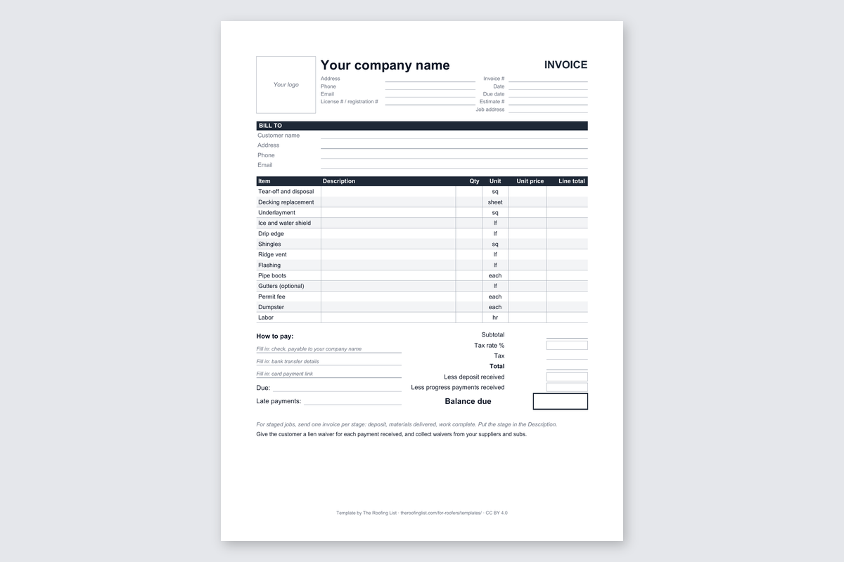 Page 1 of the roofing invoice template, blank and ready to fill in