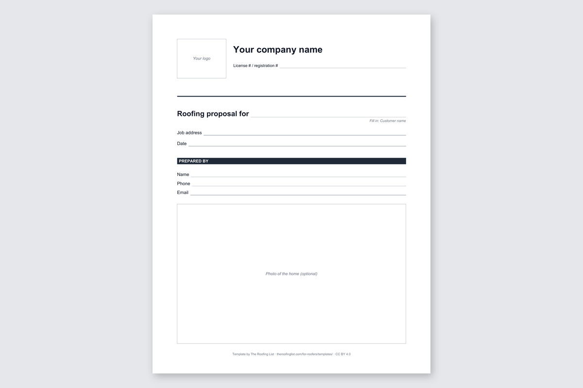 Page 1 of the roofing proposal template, blank and ready to fill in