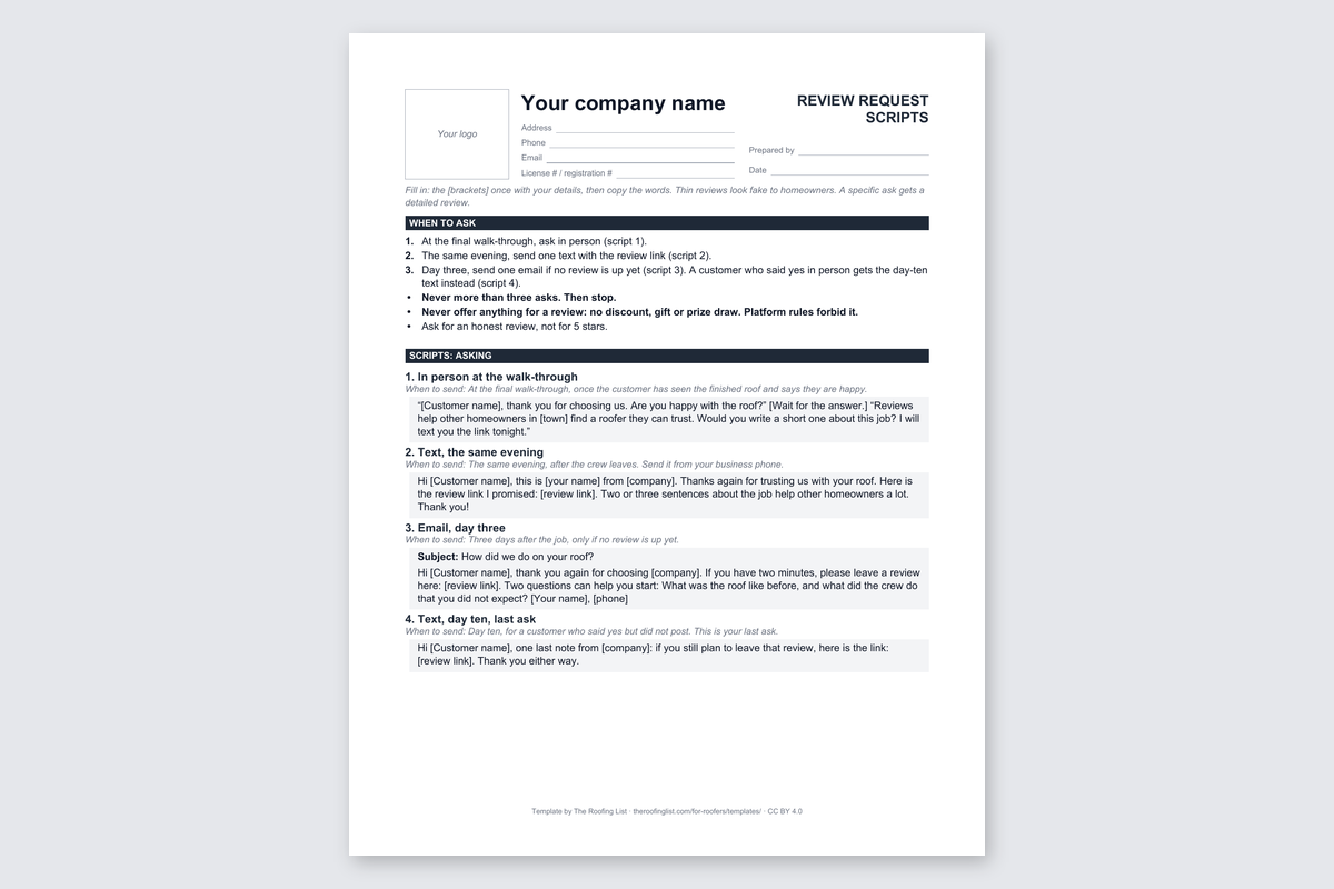 Page 1 of the review request scripts for roofers, blank and ready to fill in