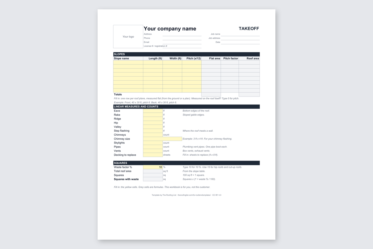 Page 1 of the roofing material takeoff and job cost calculator, blank and ready to fill in