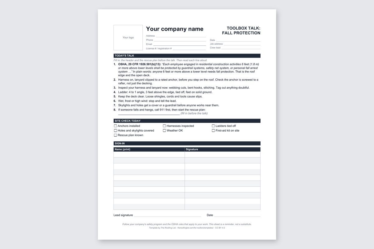 Page 1 of the roofing toolbox talk sheet: fall protection, blank and ready to fill in