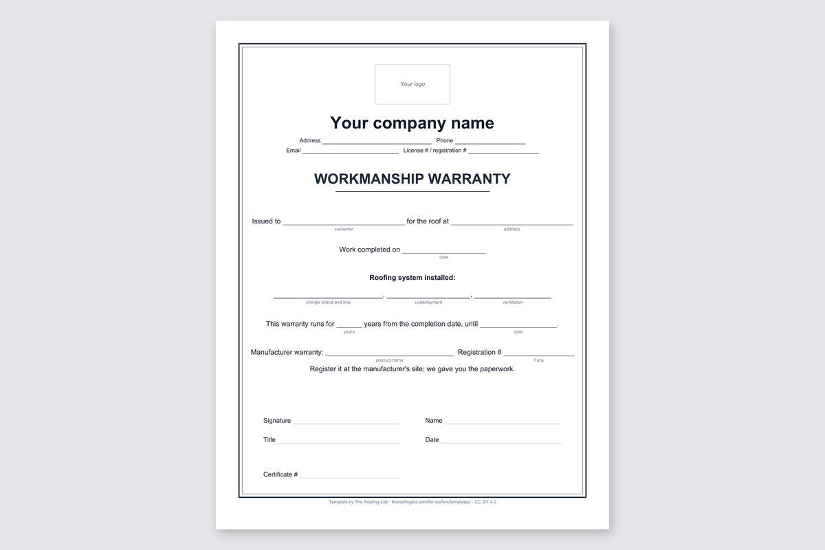 Page 1 of the roofing workmanship warranty template, blank and ready to fill in
